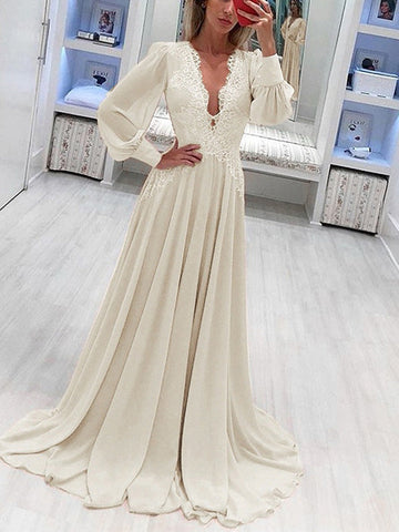 Woochic robe longue dentelle mousseline à volantée décolleté plongeant manches bishop élégant Beige S